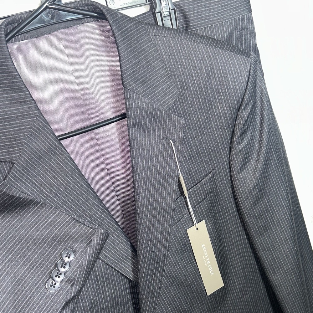 New Kenneth Cole Select Charcoal Pinstripe Wool 40R 34W Unfinished Hem $499 Suit